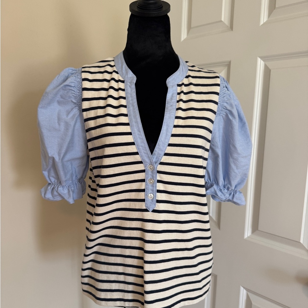 Veronica Beard Striped Knit Top with Light Blue Oxford Puff Sleeves Size Small